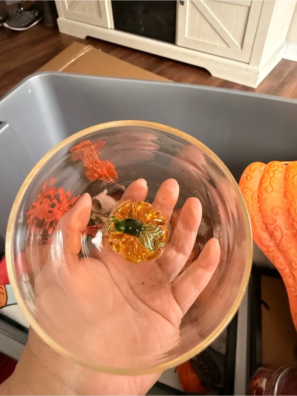 Glass Stemless Wine Glass with Blown Glass Pumpkin Accent - Orange